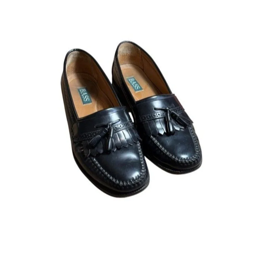 Bass Mens Tassel Loafer Size 11D Wide NELSON Slip On Black Leather Dress Shoes